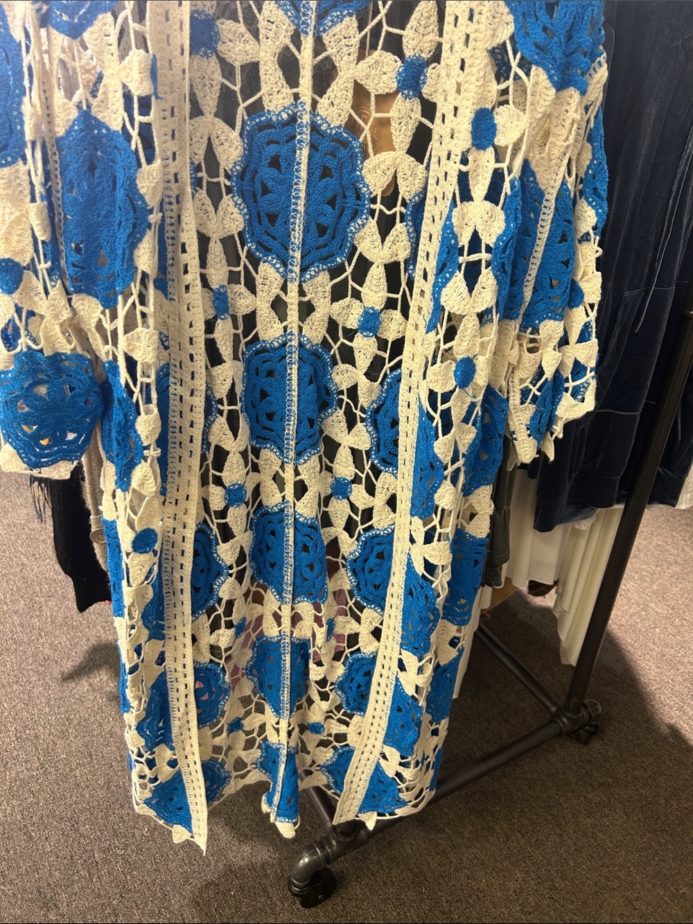Blue and Cream Crochet Long-Sleeve Maxi Dress